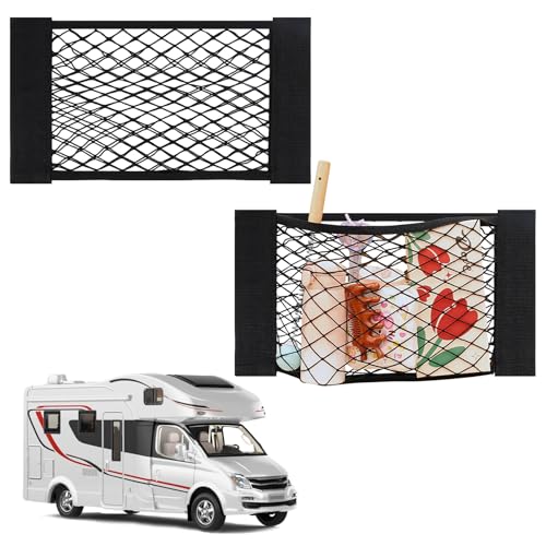 2pcs RV Cargo Storage Mesh Net,Elastic Stretchable Netting Pocket with 4 Adhesive Backing for Camper,Trailer,SUV,Truck (17.7 x 9.5 Inch)–Perfect for Holding Toiletries, Kitchen Supplies,Travel Essenti