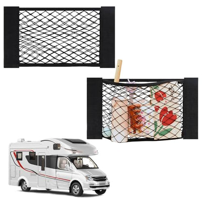 2pcs RV Cargo Storage Mesh Net,Elastic Stretchable Netting Pocket with 4 Adhesive Backing for Camper,Trailer,SUV,Truck (17.7 x 9.5 Inch)–Perfect for Holding Toiletries, Kitchen Supplies,Travel Essenti