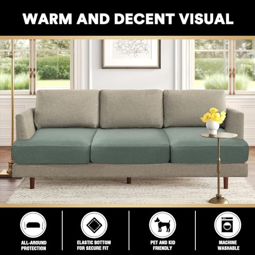 PrinceDeco Stretch T Cushion Sofa Slipcovers 3 Piece Sofa Couch Cover for 3 Cushion Sofa Seat Cover with Elastic Bottom Pets Friendly Jacquard Small Checked,Cyan - color: Sage, size: 3 Cushion Sofa