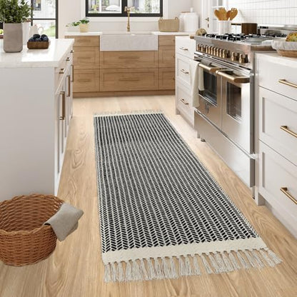 Lahome Belle Boho Hallway Runner Rug, 2x6 Laundry Room Lightweight Entry Woven Cotton Throw Mat with Tassels, Farmhouse Non Shedding Washable Black Low Pile Runner for Kitchen Bathroom - color: Black, size: 2' x 6' (Runner)