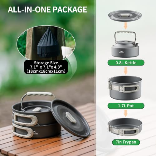 Naturehike Camping Cookware Set Mess Kit for Backpacking Gear, Camp Cooking Set, Camping Pots and Pans Set for Outdoor Backpacking Camping Hiking Picnic - color: 1.7L pot+7'' frying pan+0.8L kettle