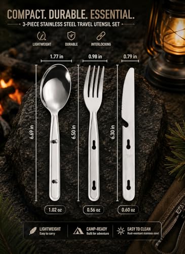 Stainless Steel Travel Utensil Set, 3-Piece Portable Flatware with Spoon, Fork, Knife, Lightweight Camping Cutlery, Interlocking Design, 6 inches, Canvas Carrying Case Included