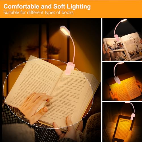 Gritin 16 LED Rechargeable Book Light for Reading in Bed- Eye Caring 3 Color Temperatures, Stepless Dimming Brightness, 80 Hrs Runtime, Lightweight Flexible Clip on Light for Book Lovers-Pink | Eye Caring 3 Color Temperatures, Stepless Dimming Brightness,