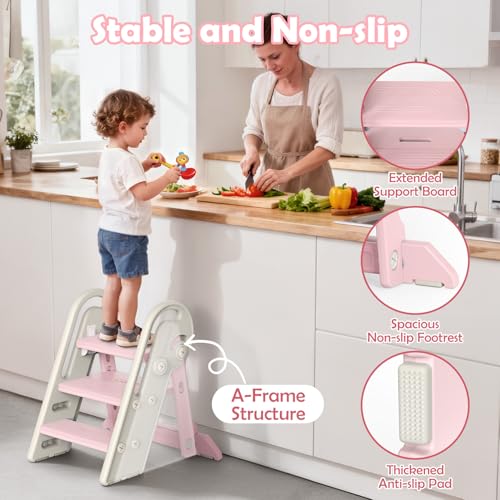 Onasti Foldable Step Stool for Kids & Toddlers, 3 Step Convertible to 2 Step with Handles, Training Stool for Bathroom Sink & Kitchen Counter, Non-Slip Stable Step Stool for Growing Children- Pink - color: Baby Pink