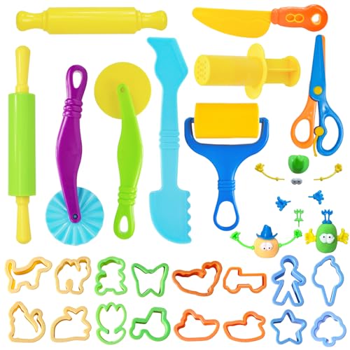LCY WEDSHI Dough Tool Set, 32 Pcs Dough Tools Sets for Kids Ages 4-8, Dough Accessories Includes Animal Molds, Cutters Roller, Rolling Pins, Safety Scissors, Plastic Knife - style: 32 PCS