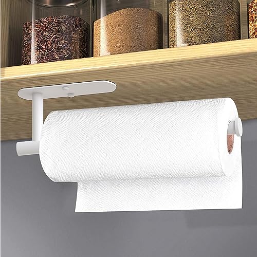 VAEHOLD Self Adhesive Paper Towel Holder Under Cabinet Mount, Wall Mounted Paper Towel Roll Holder for Kitchen, Bathroom, Wall - Stainless Steel (White) - color: White