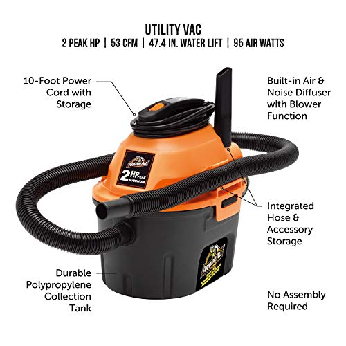 Armor All, AA255, 2.5 Gallon 2 Peak HP Wet/Dry Utility Shop Vacuum, Orange - size: 2.5 Gallon-Basic