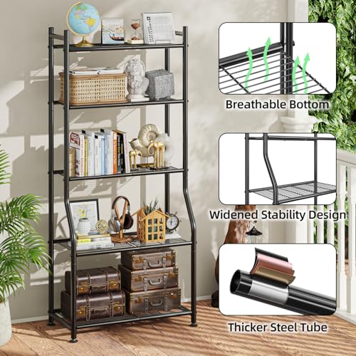 Ekisemio 5-Tier Plant Stands Outdoor with Hooks, Metal 63.5" Tall Plant Shelves Indoor for Hanging Planter, Black