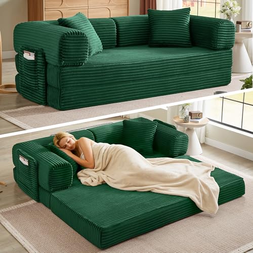 Boneless Couch Futon Sofa Bed Sectional Couches for Living Room,Cloud Couch with Sleeper Sofa,Sofas for Living Room Oversized Corduroy Upholstered (Green, 81 Inches (with Iron Frame)) - color: Green, size: 81 Inches