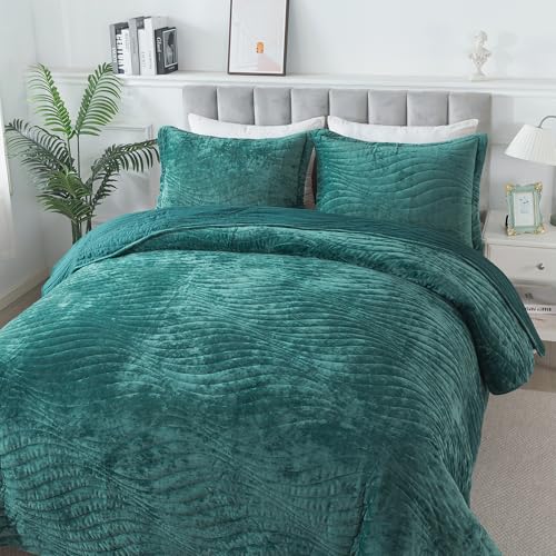 HoneiLife Queen Size Quilt Sets - Velvet Quilt for Queen Beds, Lightweight Bedspreads Solid Coverlets Queen Quilt Bedding Sets 3-Pieces, Blue-Green - color: Blue-green-velvet, size: Queen/Full-90"x96"