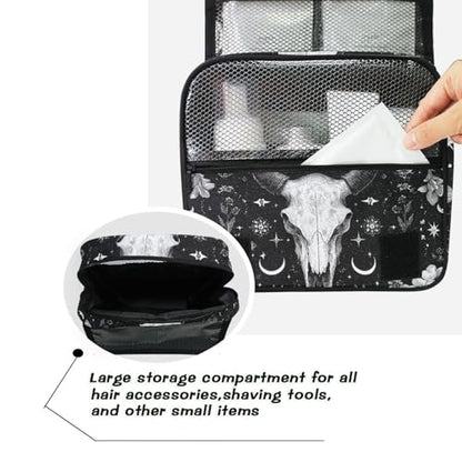 Flower Moon Cow Goat Skull Hanging Toiletry Makeup Bag Travel Toiletries Organizers Cosmetics Bags for Women Men - color: Cow Goat Skull