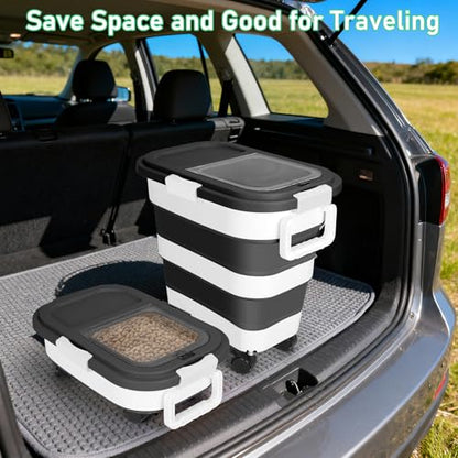 ShineMe Dog Food Storage Container, 30 Lbs Collapsible Food Storage Containers with Rolling Wheel Airtight Locking Lid, Cat Foods Bin with Cup and Scoop, Suitable for Pet Snack, Rice, Flour (Black) - color: 30 Lbs Black