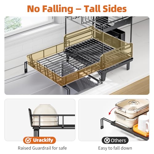 Urackify Dish Drying Rack - Extendable Dish Drainer, Large Dish Rack for Kitchen Counter, Rustproof Dish Strainer with Utensil Holder and Cups Holder, 2 Tier Black