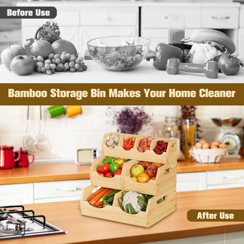 3-Tier Bamboo Storage Bins, Modular Potato & Onion w/ Spices | 4-pc bamboo set: 1 spice tray, 3 veggie baskets. Ventilated. Great for counters, bathrooms, living rooms.