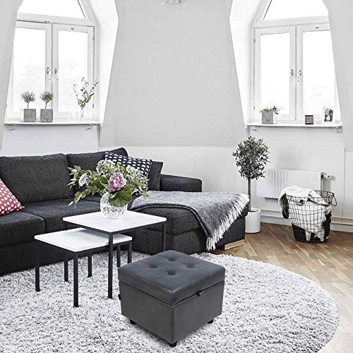 H&B Luxuries Tufted Leather Square Flip Top Storage Ottoman Cube Foot Rest (Grey with Storage) - color: Grey With Storage