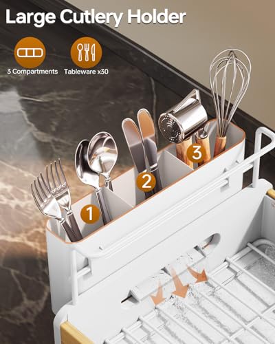 Urackify Dish Drying Rack for Kitchen Counter - Stainless Steel & Bamboo Dish Rack with Large Removable Utensil Holder, Dish Drainer with Adjustable Automatic Spout, White - color: White, size: 1 Tier