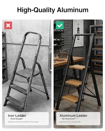 3 Step Ladder,Folding Step Stool with Aluminum Wide Pedal& Convenient Handgrip,330lbs Capacity Steel Ladder for Household and Office(Black &Woodgrain) - color: Black&woodgrain, size: 3 Step