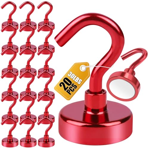 DIYMAG Magnetic Hooks, 30Lbs Strong Heavy Duty Cruise Magnet S-Hook for Classroom, Fridge, Hanging, Cabins, Grill, Kitchen, Garage, Workplace and Office Etc, (20 Pack-Red) - color: Red, size: 0.63in