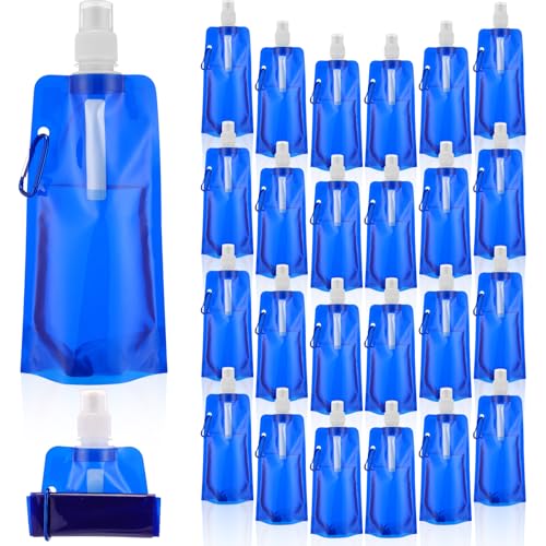 Teenyyou 24 Pack Collapsible Water Bottles Bulk 16oz Foldable Water Bottles with Carabiner Reusable Drinking Leak Proof Container Bags for Sport Biking Hiking Camping Travel Outdoor (Blue) - color: Blue
