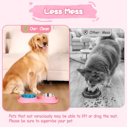 MateeyLife Dog Food and Water Bowl Set 3 in 1, Slow Feeder Dog Bowls & Stainless Steel Water Bowl with Non-Spill Silicone Mat, Cat and Puppy Bowls Pet Dishes for Small Medium Large Breed Anti-Choking - color: Pink, size: Small