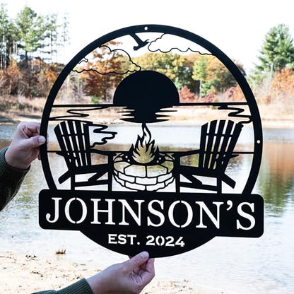 Custom Metal Beach Campfire Name Sign | Cabin Lake House Decor, Campsite Sign
