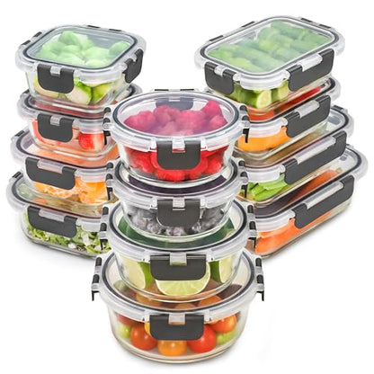Freshware Glass Storage Containers with Lids, 24 Pieces, 12 Containers with 12 Lids, Glass Meal Prep Container for Lunch, Food Storage Containers, Leak Proof, Freezer Safe, Grey