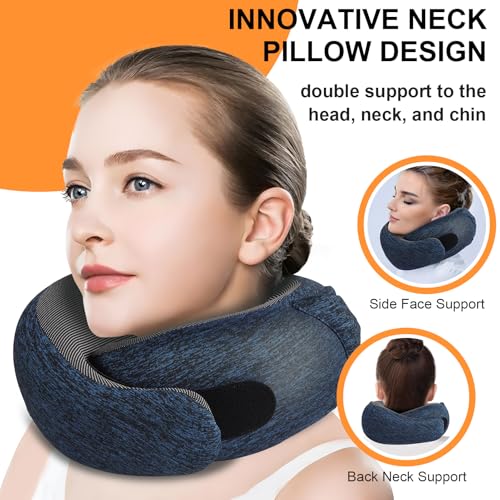 Travel Pillow - Hooded Neck Pillow Airplane Memory Foam Filling for Plane, Office, Cars Sleeping, Road Trip, Long Flights, Airplane Travel Essentials, Includes Eye Mask & Earplugs - color: Midnight Blue