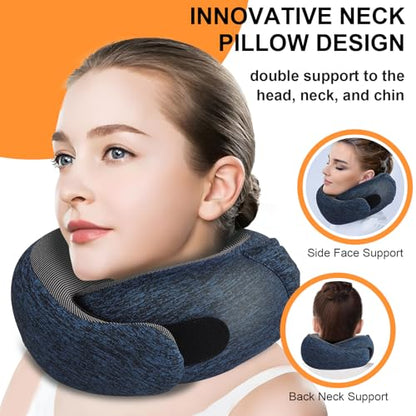 Travel Pillow - Hooded Neck Pillow Airplane Memory Foam Filling for Plane, Office, Cars Sleeping, Road Trip, Long Flights, Airplane Travel Essentials, Includes Eye Mask & Earplugs - color: Midnight Blue
