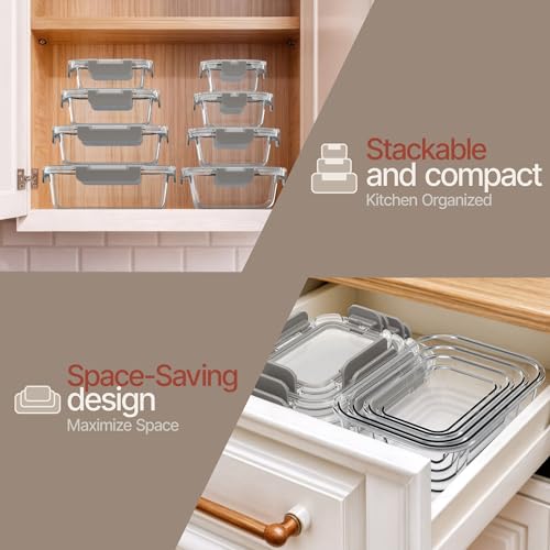 Bakken Borosilicate Glass Food Storage Containers with Lids 24 Pieces, BPA-Free Stackable Lunch & Leftover Containers, Microwave, Freezer & Dishwasher Safe, 100% Airtight Leak-Proof, Gray - color: Gray