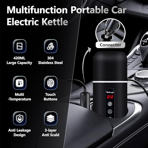 Car Kettle,Portable Electric Travel Kettle,12V/24V Car Coffee Warmer,420ML Hot Water Boiler,Small Hot Water Heater, Mini Hot Water Boiler with Built-in Magnetic Induction Stirring for Tea Coffee Milk - color: Black