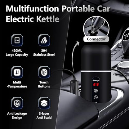 Car Kettle,Portable Electric Travel Kettle,12V/24V Car Coffee Warmer,420ML Hot Water Boiler,Small Hot Water Heater, Mini Hot Water Boiler with Built-in Magnetic Induction Stirring for Tea Coffee Milk - color: Black