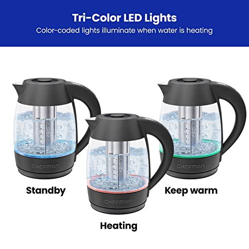 Chefman Digital Electric Kettle with Rapid 3 Minute Boil Technology, Custom Steep Timer and Temperature Presets, Bonus Tea Infuser, Rust and Discoloration Proof, 1.8 Liter, Matte Black, 1500W - color: Black, style: Glass with Tea Infuser