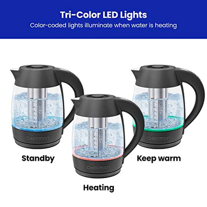 Chefman Digital Electric Kettle with Rapid 3 Minute Boil Technology, Custom Steep Timer and Temperature Presets, Bonus Tea Infuser, Rust and Discoloration Proof, 1.8 Liter, Matte Black, 1500W - color: Black, style: Glass with Tea Infuser