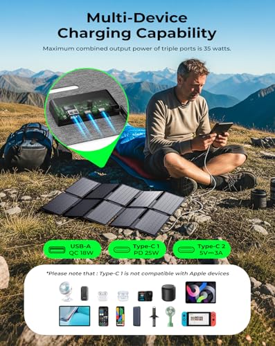 BigBlue Portable 35W Solar Panel Charger with Fast Charging USB-A and PD 25W USB-C for Camping Backpacking, 1.54 lbs, IP68 Waterproof, Folding Solar Phone Charger for iPhone/Android, iPad, Power Bank
