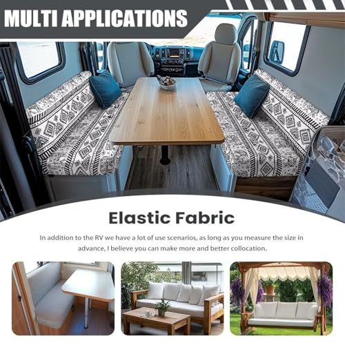RV Dinette Cushion Covers - Black White Aztec Stretch Slipcovers, 2-Piece Set for Camper Booth Seat Protector, Anti-Slip Furniture Protector (Fits RV Sofa & Travel Trailer) - color: Black White Aztec