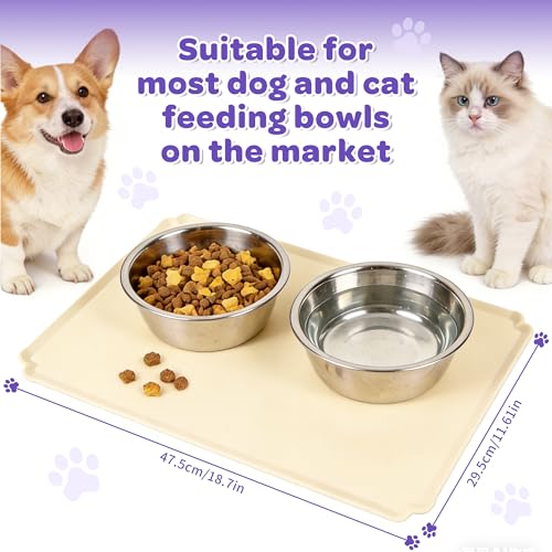 Pet Feeding Mat 12"x19" Silicone Dog Feeding Mat Pet Place Mat Waterproof Silicone Contain Spills Protects Floors Placemats for Cats and Dogs - color: Beige