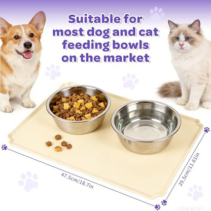Pet Feeding Mat 12"x19" Silicone Dog Feeding Mat Pet Place Mat Waterproof Silicone Contain Spills Protects Floors Placemats for Cats and Dogs - color: Beige