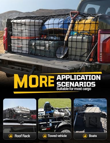 AUTOWN Cargo Net for Pickup Truck Bed - Stretchable 4' x 6' to 8' x 12' with 4" x 4" Mesh, Heavy Duty 10mm Cord Bungee Bed Netting with 12 Metal Carabiners - Ideal for ATV, SUV, UTV and Truck - size: 4' x 6'