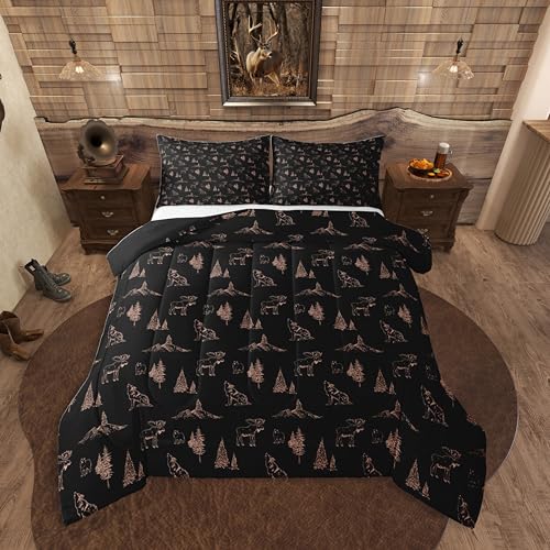 Erosebridal Woodland Animals Comforter Set Twin Size Bear Deer Wolf Hunting Theme Bedding Set for Kids Child | Rustic Cabin Lodge Decor Duvet Insert Farmhouse Wildlife Mountain Black Brown Quilt - color: Black Brown, size: Twin