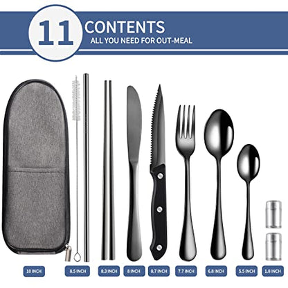 Logcow Travel Utensils with Case,Reusable Utensils,Portable Travel Camping Cutlery Set,Stainless Steel Flatware Set,Lunch Boxes Workplace Camping School Picnic (Black) - color: Black