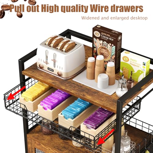 Hencawima Coffee Bar Cabinet, 3 Tier Coffee Station Table on Wheels, 35.9" H Bar Cart with Wire Basket Drawer & 5 Hooks for Home Kitchen, Liquor Buffet Sideboard Cabinet (Rustic Brown) - size: X-Large