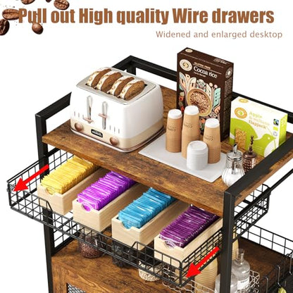 Hencawima Coffee Bar Cabinet, 3 Tier Coffee Station Table on Wheels, 35.9" H Bar Cart with Wire Basket Drawer & 5 Hooks for Home Kitchen, Liquor Buffet Sideboard Cabinet (Rustic Brown) - size: X-Large