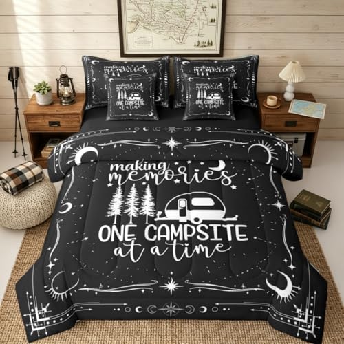 Erosebridal 7 Pieces Camper Decor Bed Sets Full Happy Camping Comforter and Sheets - Rustic Farmhouse Bed in A Bag for Kids Teens Adult, Starry Sky Comforter Camper Car Bedding Sheet Set Pillowcase - color: Black White, size: Full