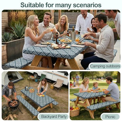 Play Tailor Picnic Table Cover with Bench Covers Camping Essentials Waterproof Windproof Camping Tablecloth with Drawstring Bag, Fitted Rectangle Tables and Seats, 72in, Blue Green Plaid - color: Blue Green Plaid, size: 72in