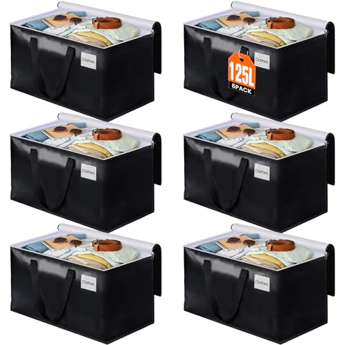BlissTotes Moving Bags, Heavy Duty Moving Boxes with Zippers Top and Sturdy Handles, Storage Bags for Space Saving and Packing, Collapsible Moving Supplies, Storage Totes (125L, 6-Pack, Black) - size: 125L