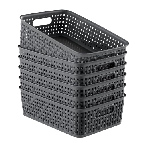 FUCDTEFC Black Plastic Basket, 8 Pack Home Organization and Storage Baskets with Handles, Space Saving Woven Organizer Bins Plastic Storage Basket for Organizing Cabinets,Closets, Shelves, Countertops - color: 8 Pack Large Black