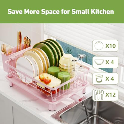 Dish Drainer Rack with Drip Tray, Sink Dish Drainer with Drainage Spout, Stainless Steel Dish Drying Rack with Cups, Utensil & Cutting Board Holders for Kitchen Counter Space-Saving, Pink - color: Pink