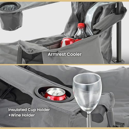 ARROWHEAD OUTDOOR Portable Deluxe Folding Camp Quad Chair w/Headrest, Glass & Cup Holders, Armest 6-can Cooler, Heavy Duty Carry Bag, 550 lbs Weight Capacity - color: Grey