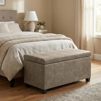 SIMPLIHOME Dover Storage Ottoman Bench - 36 inch Wide Upholstered Vegan Leather Rectangular Lift-Top Ottoman in Distressed Smoky Grey Brown, Contemporary Bench for Living Room with Safety Hinges - color: Distressed Smoky Grey Brown