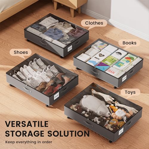 XXXL 78L Under Bed Storage with Wheels, Rolling Storage Containers with Clear Lid & Label, Heavy-Duty Metal Frame, Easy Pull-out, Underbed Storage Bins for Clothes, Shoes, Blankets, and Toys(2PACK) - size: With-wheels-78L-2pack